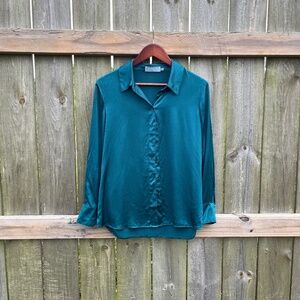 Ravella 100% Pure Silk Button-Up Blouse Women’s Medium Petite Teal Emerald Green